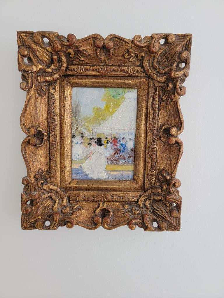 Antique Gold Gilded Hand Carved Frame of Women by a Carousel Parisian Scene Oil on Canvas by Italian Impressionist Luigi Cagliani