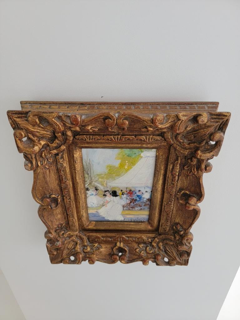 Antique Gold Gilded Hand Carved Frame of Women by a Carousel Parisian Scene Oil on Canvas by Italian Impressionist Luigi Cagliani