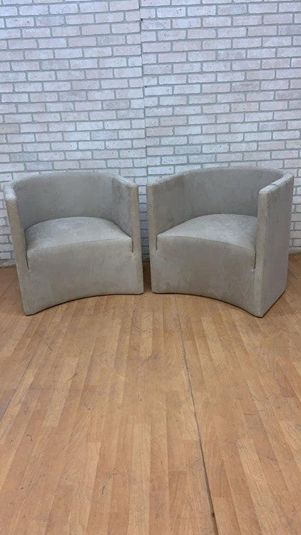 Vintage Barrel Back Lounge Chairs Newly Upholstered in Designer Textured Embossed Scaled "Creme' Latte" Suede - Pair