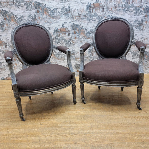 Antique French Louis XVI Style Hand Carved Silver Gilt Framed Fauteuil Armchairs - Pair