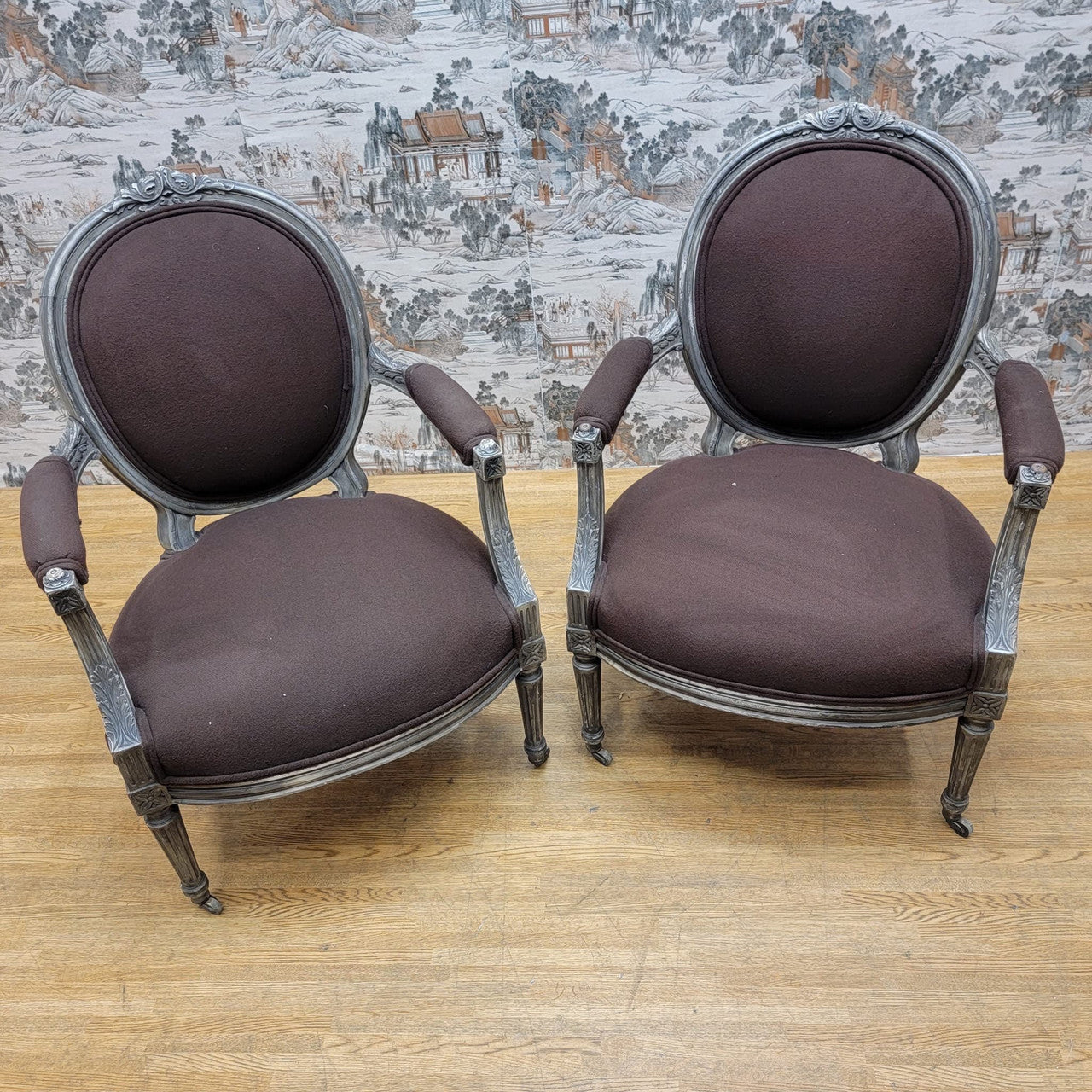 Antique French Louis XVI Style Hand Carved Silver Gilt Framed Fauteuil Armchairs - Pair