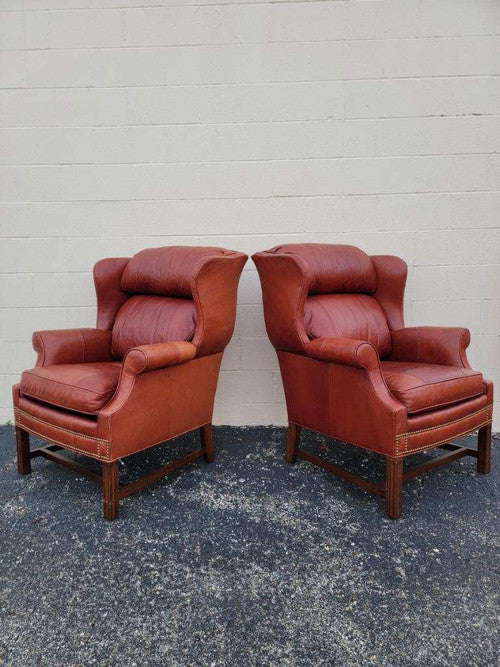 Vintage Whittemore Sherrill Limited George III Style Wingback Lounge Chairs in Leather - Pair