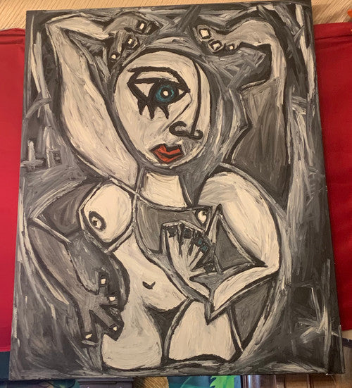 Picasso Style Abstract Nude Lips Large Acrylic on Canvas