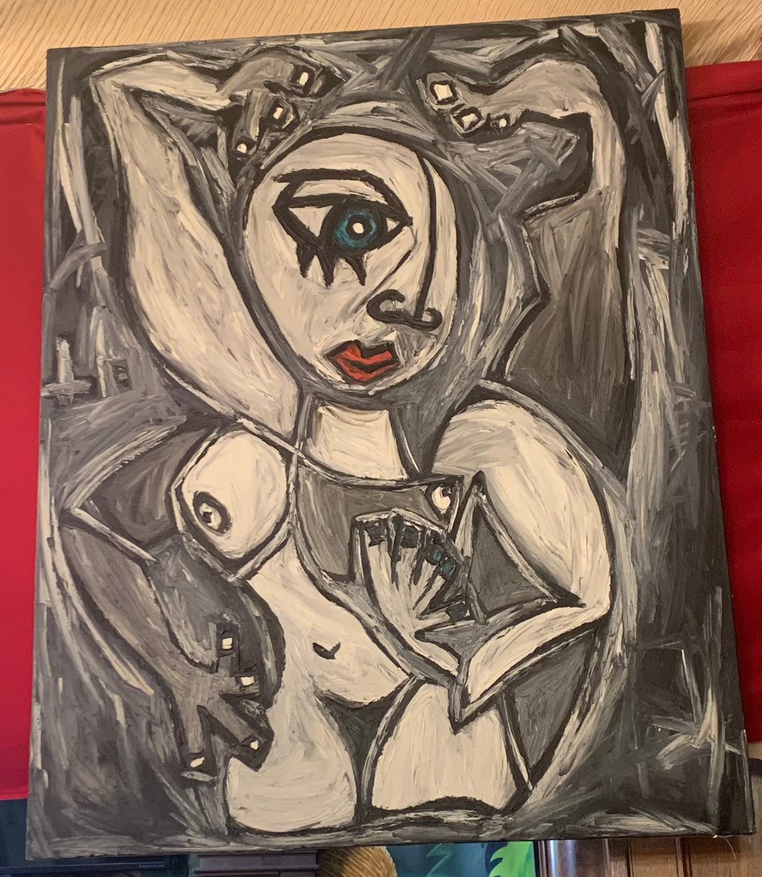 Picasso Style Abstract Nude Lips Large Acrylic on Canvas