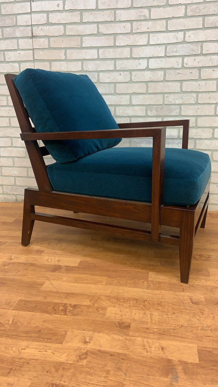 Vintage French Modern René Gabriel Cherry Wood Slat Back Lounge Chair Newly Upholstered in Plush Teal Italian Mohair
