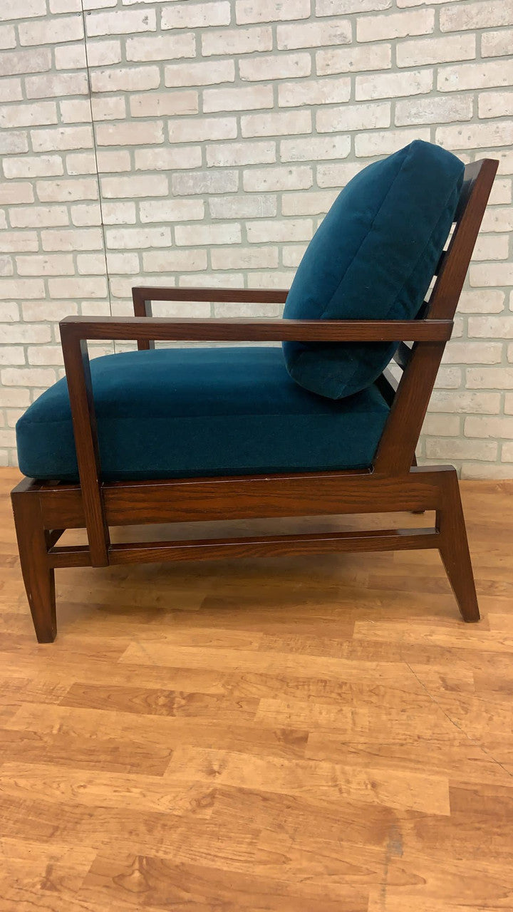 Vintage French Modern René Gabriel Cherry Wood Slat Back Lounge Chair Newly Upholstered in Plush Teal Italian Mohair