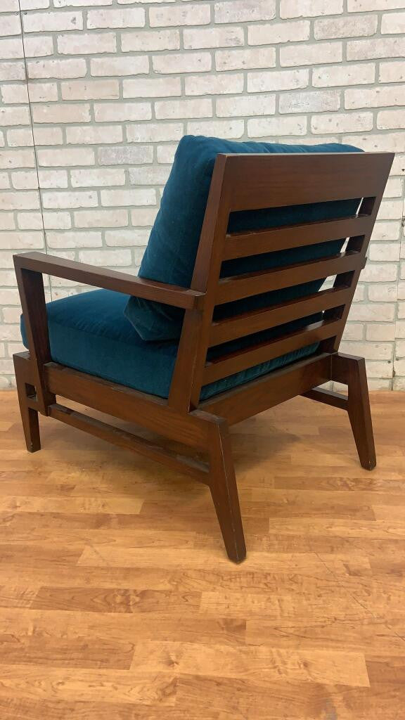 Vintage French Modern René Gabriel Slat Back Lounge Chair Newly Upholstered in Teal Mohair