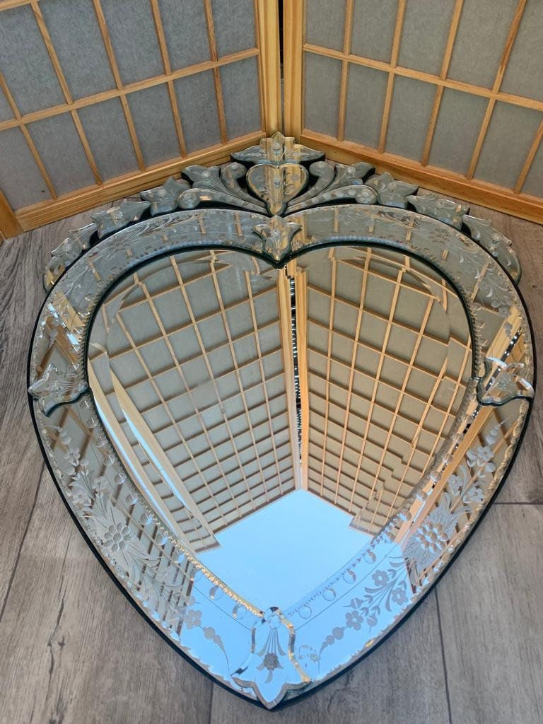Vintage Mid Century Etched Venetian Glass Heart Mirror