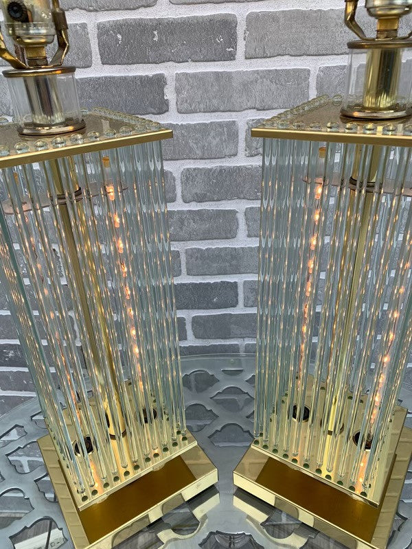 Mid Century Gaetano Sciolari for Lightolier Brass and Glass Rods Table Lamps - Pair