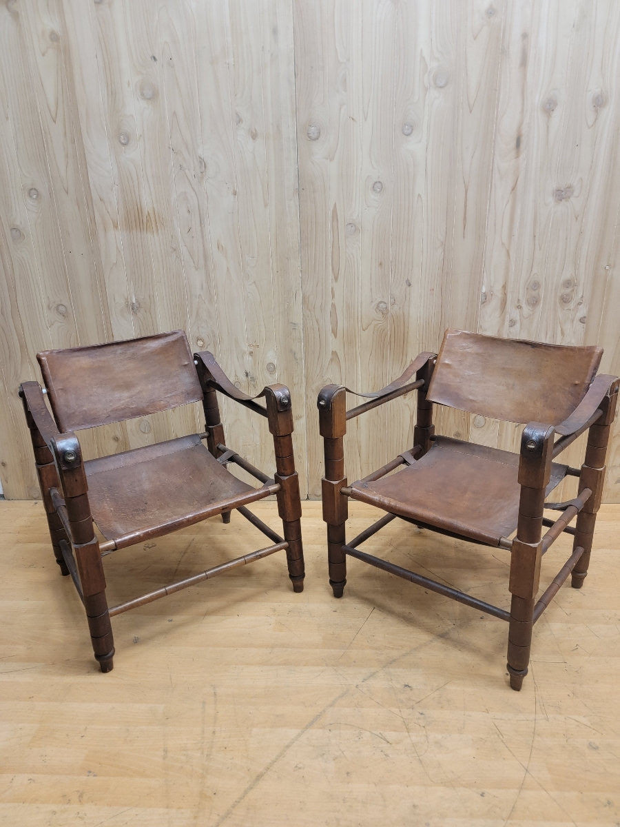 Mid Century Modern Kaare Klint Style Brutalist "Cognac" Leather Safari Chairs - Pair
