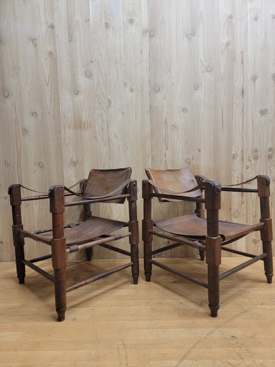 Mid Century Modern Kaare Klint Style Brutalist "Cognac" Leather Safari Chairs - Pair
