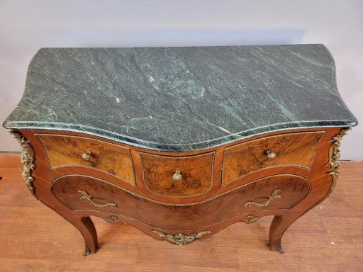 Vintage French Louis XV Styled Marquetry with Burled Walnut Brass Trimmed Drawer Panel and Ormolu Detailed Serpentine Marble Top Bombe Chest