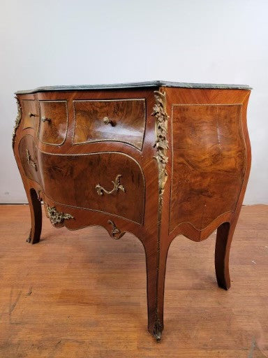 Vintage French Louis XV Styled Marquetry with Burled Walnut Brass Trimmed Drawer Panel and Ormolu Detailed Serpentine Marble Top Bombe Chest