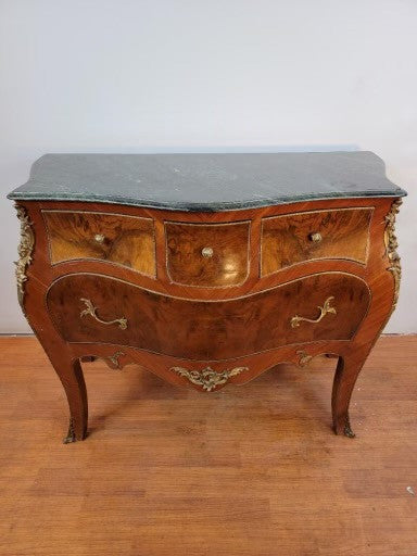 Vintage French Louis XV Styled Marquetry with Burled Walnut Brass Trimmed Drawer Panel and Ormolu Detailed Serpentine Marble Top Bombe Chest