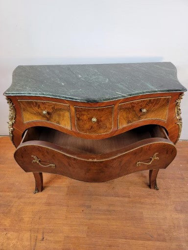 Vintage French Louis XV Styled Marquetry with Burled Walnut Brass Trimmed Drawer Panel and Ormolu Detailed Serpentine Marble Top Bombe Chest