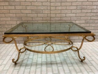 Art Deco Rene Drouet Style Gilt Wrought Iron Coffee Table with Thick Beveled Glass
