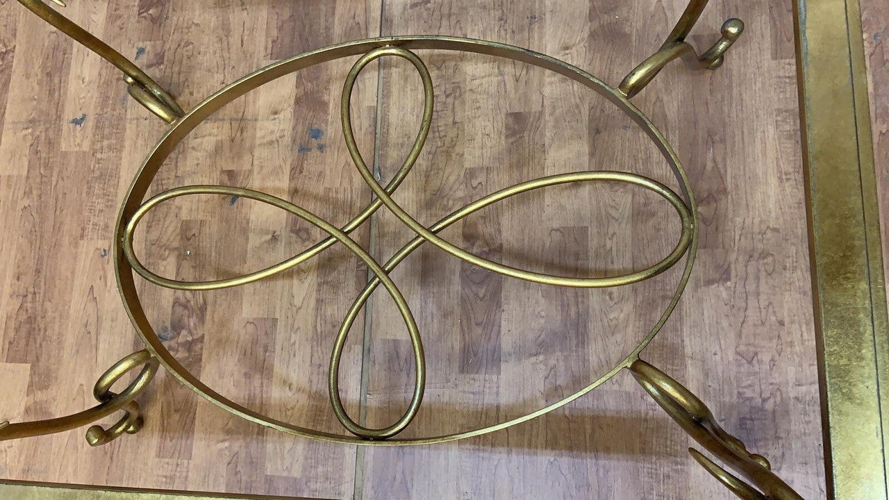 Art Deco Rene Drouet Style Gilt Wrought Iron Coffee Table with Thick Beveled Glass