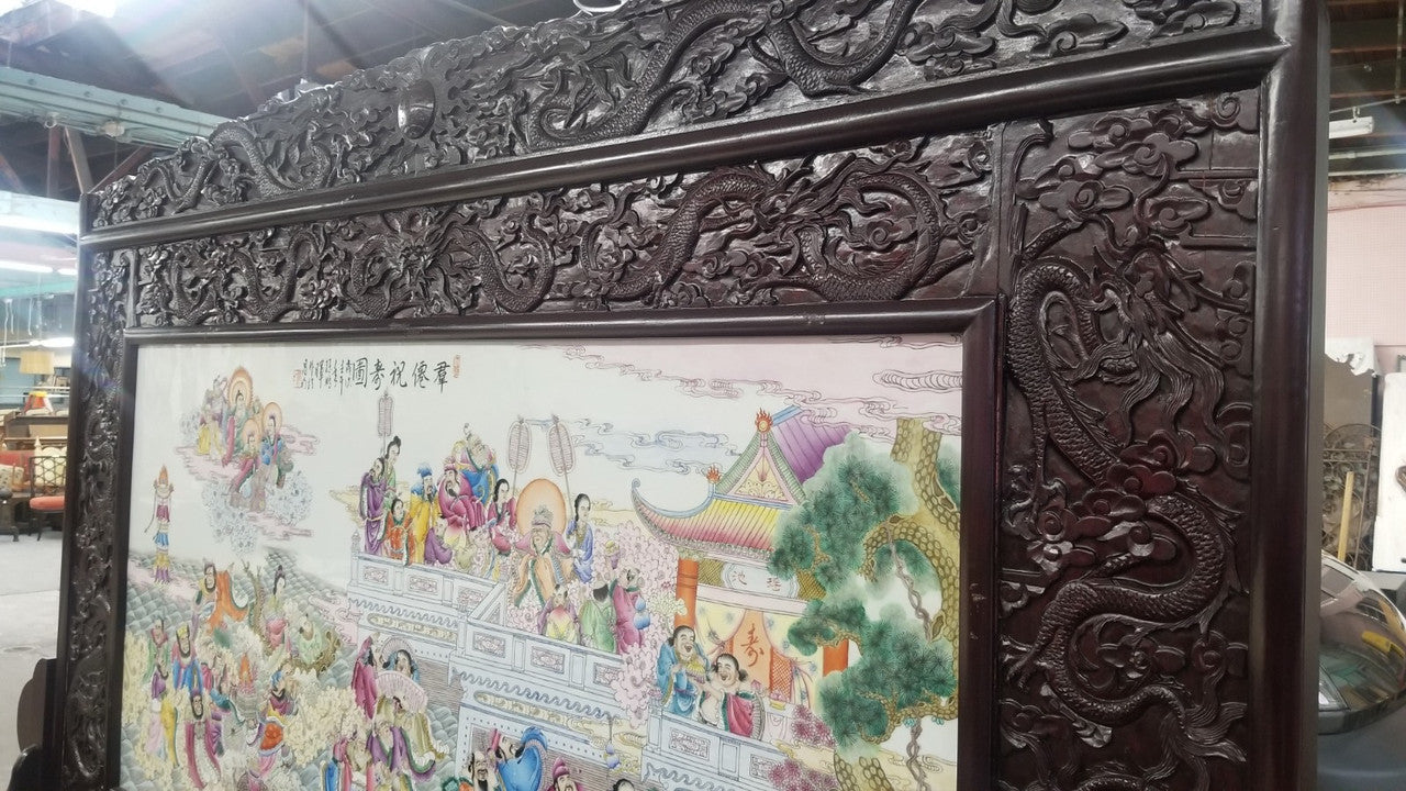 Antique Chinese Porcelain Ornate Carved Rosewood Dragon Motif Frame Screen/Room Divider