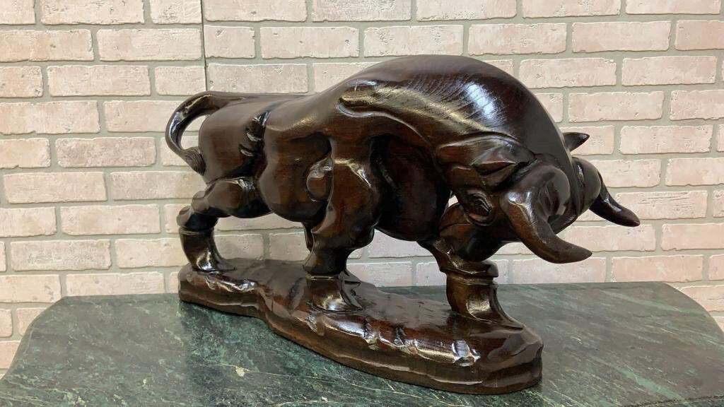 Vintage Spanish Carved Charging Bull Statue - Pair