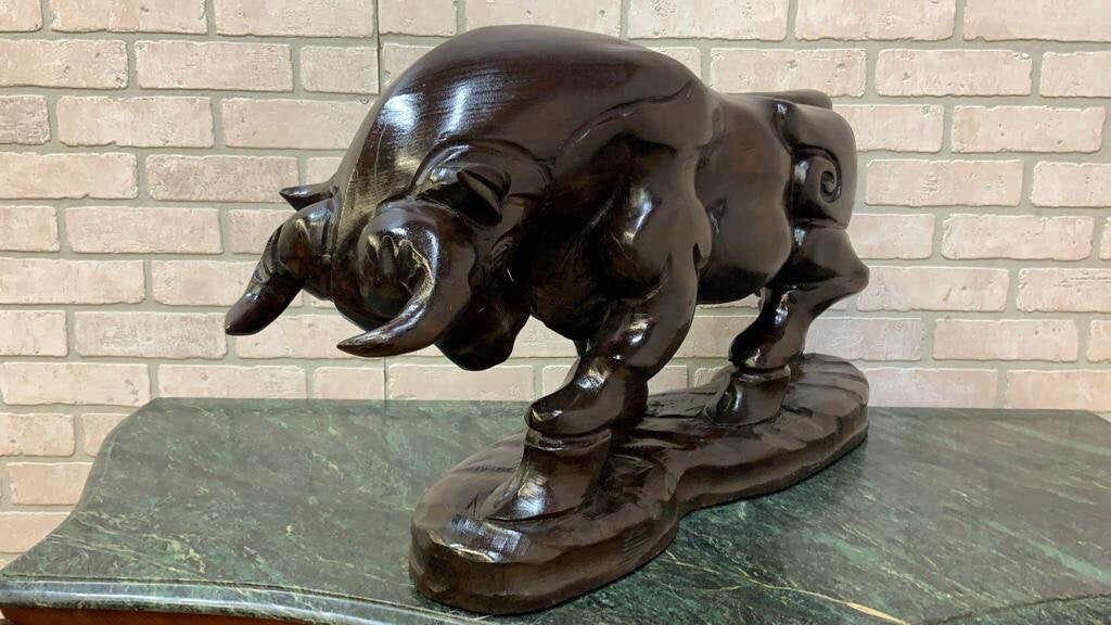 Vintage Spanish Carved Charging Bull Statue - Pair
