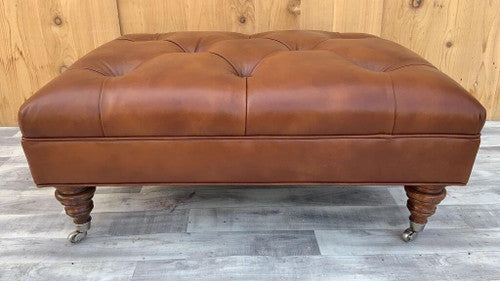 Vintage Ethan Allen English Chesterfield Style Leather Tufted Ottoman