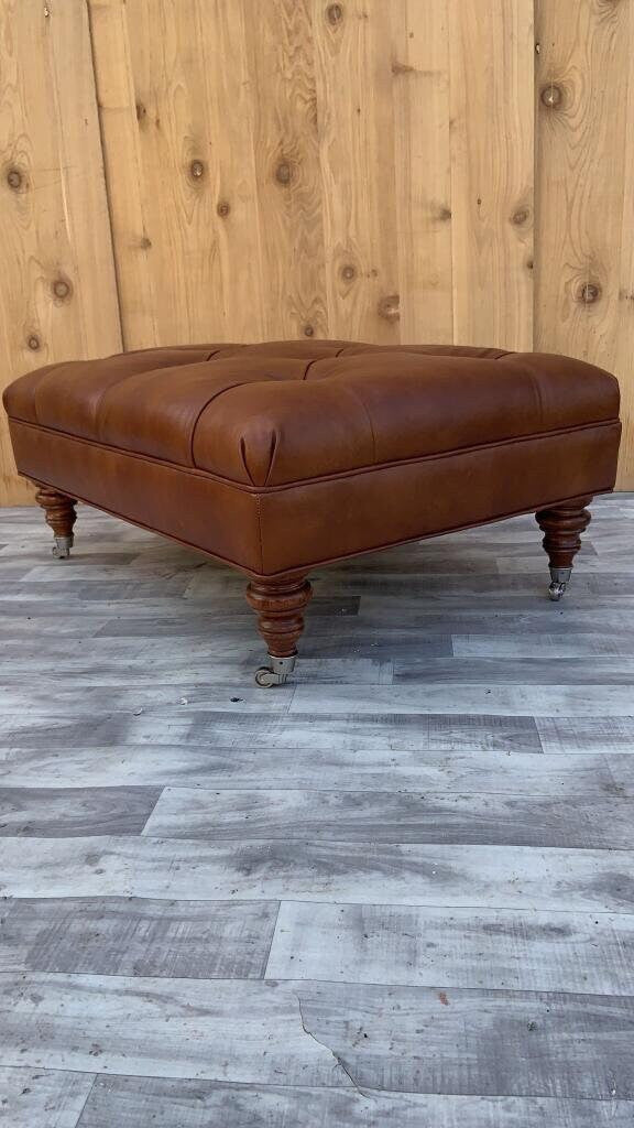 Vintage Ethan Allen English Chesterfield Style Leather Tufted Ottoman