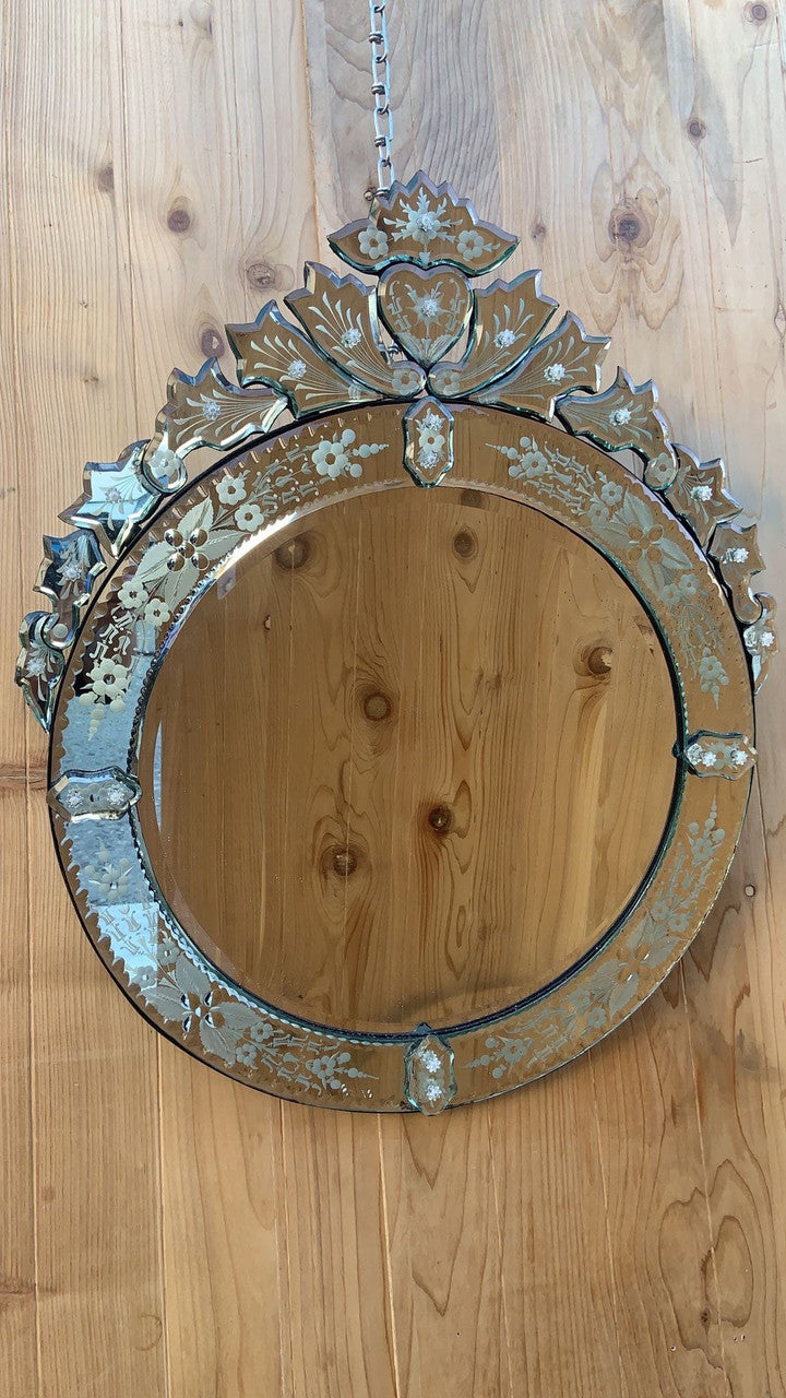 Vintage Venetian Etched Glass Round Wall Mirror