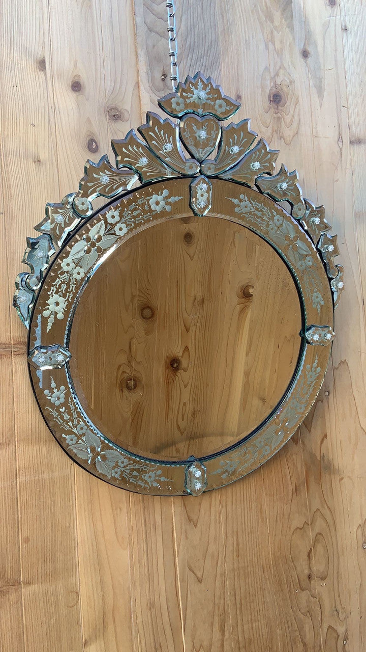 Vintage Venetian Etched Glass Round Wall Mirror