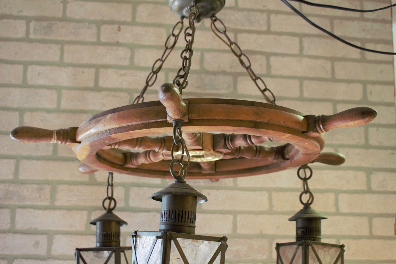 Nautical Theme Ship Wheel with Three Hanging Lanterns Light Chandelier