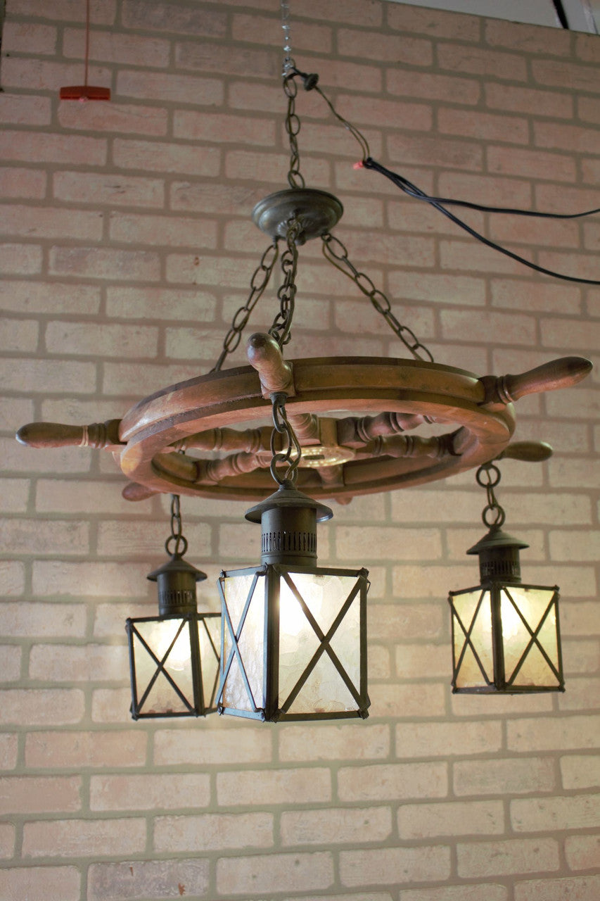 Nautical Theme Ship Wheel with Three Hanging Lanterns Light Chandelier