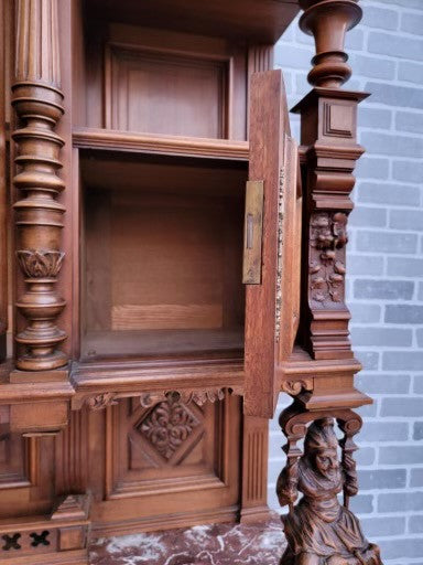 Antique French Monumental Finely Hand Carved Figural Walnut Commissioned Chateau Cabinet