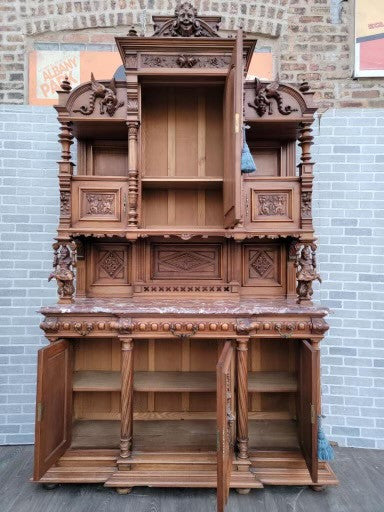 Antique French Monumental Finely Hand Carved Figural Walnut Commissioned Chateau Cabinet