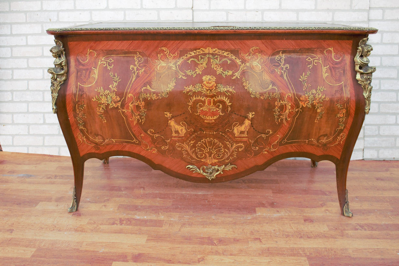 Antique French Louis XV Style Marquetry Style Mahogany Brass Ormolu Mounted Bombe Leather Top Desk