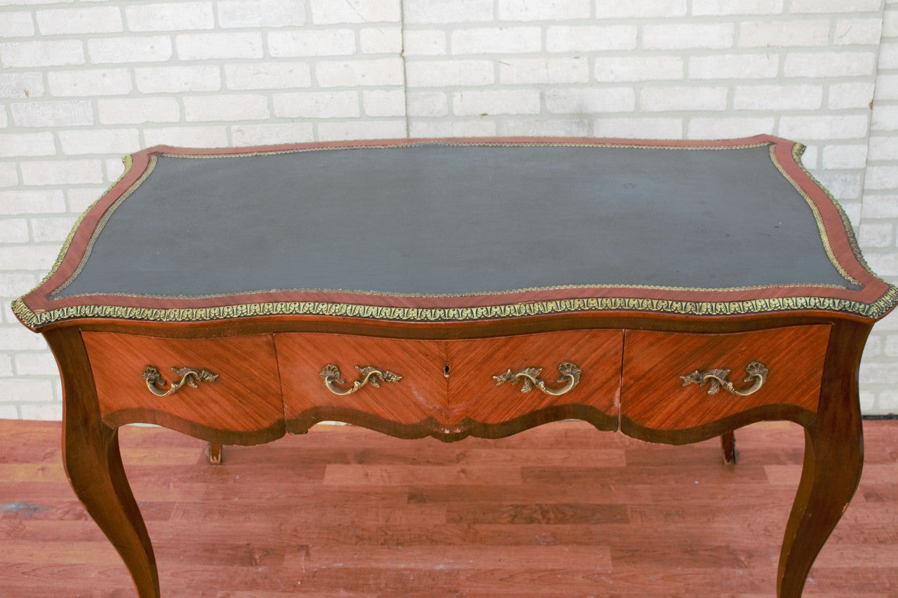 Antique French Louis XV Style Marquetry Style Mahogany Brass Ormolu Mounted Bombe Leather Top Desk