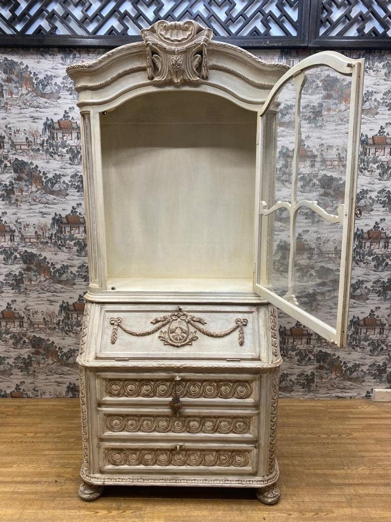 Vintage French Provincial Hand Carved White Secretary Desk and Display Cabinet