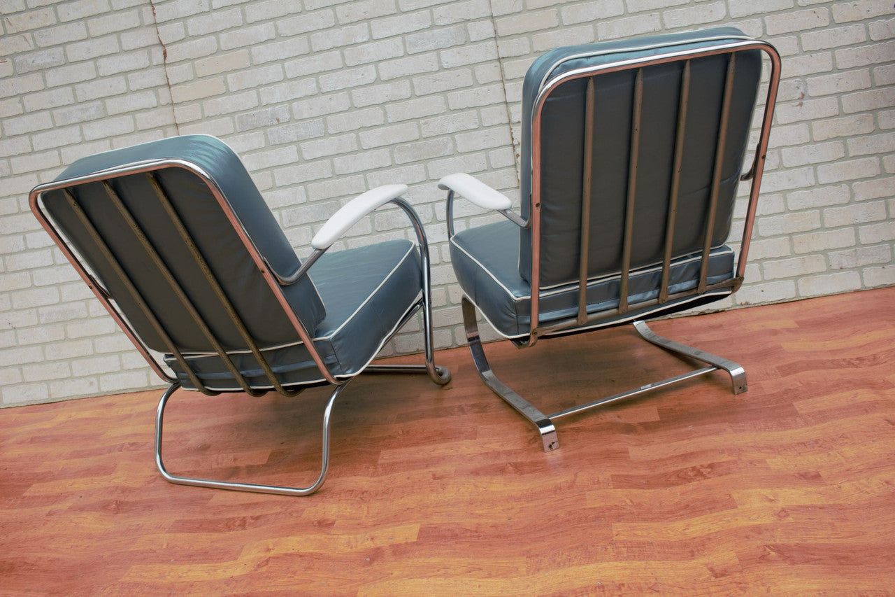Art Deco KEM Weber Springer Tubular and Flat Bar Lounge Chairs Newly Upholstered Lounge - Set of 2
