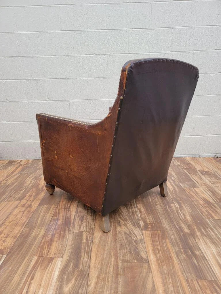 Art Deco French Distressed Brown Lounge Chair