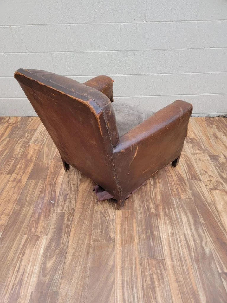 Art Deco French Distressed Brown Lounge Chair