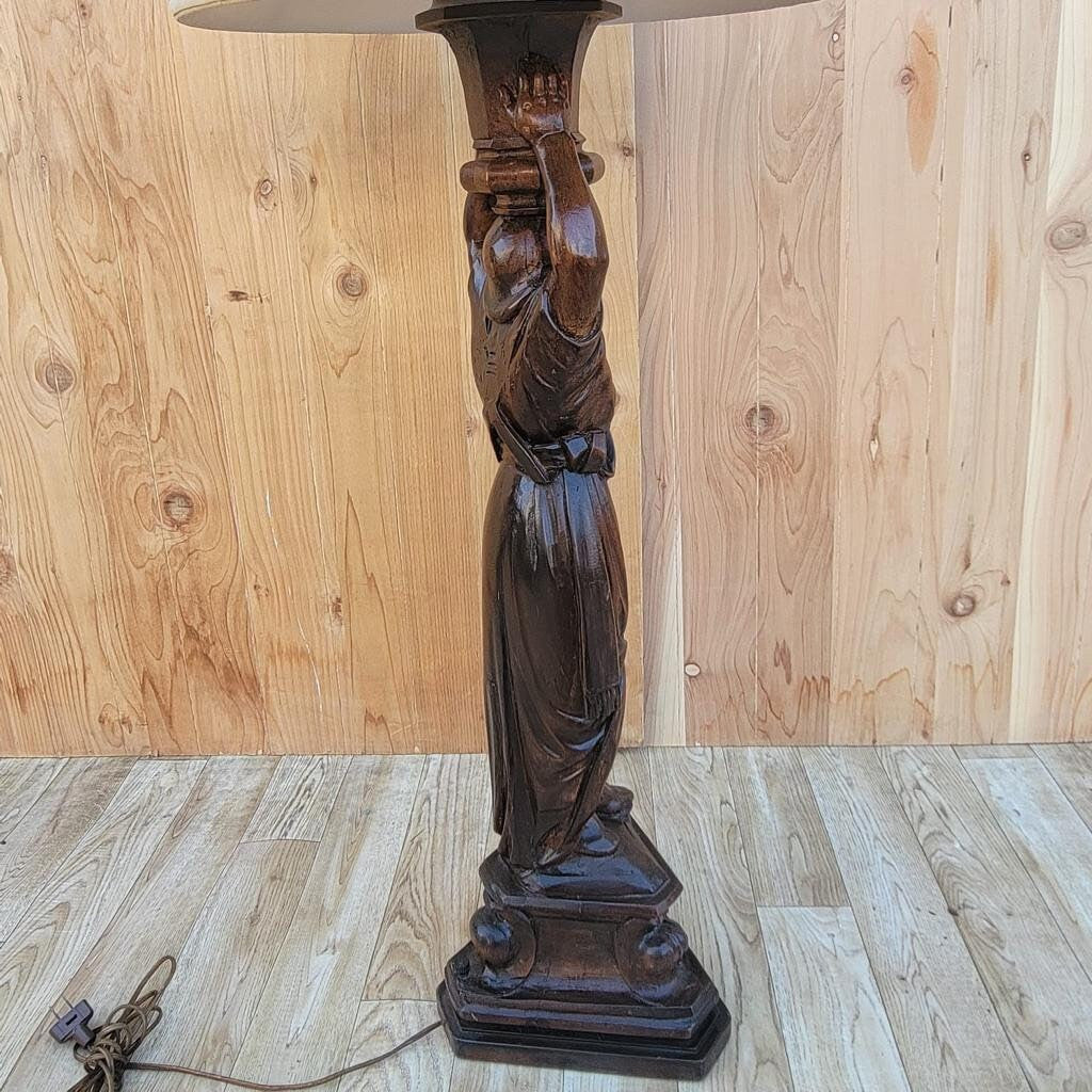 Antique Hand Carved Walnut Figural Lamp with Shade