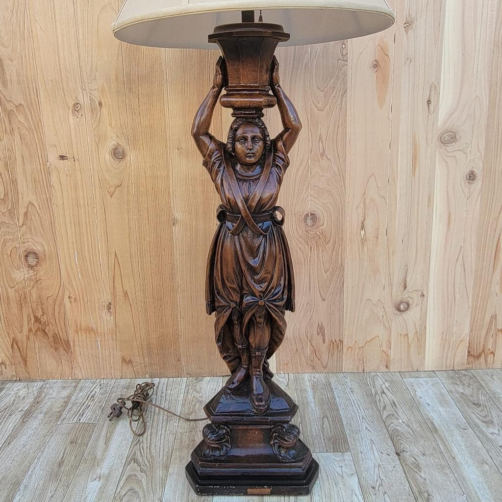 Antique Hand Carved Walnut Figural Lamp with Shade