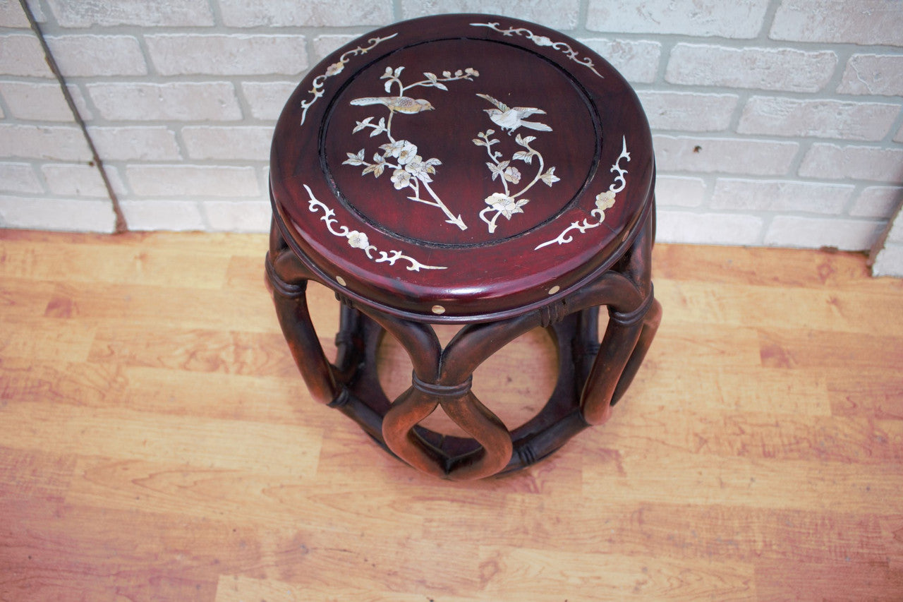 Antique Asian Carved Rosewood with Mother of Pearl Inlay Corner Chairs and Stool - 3 Piece Set