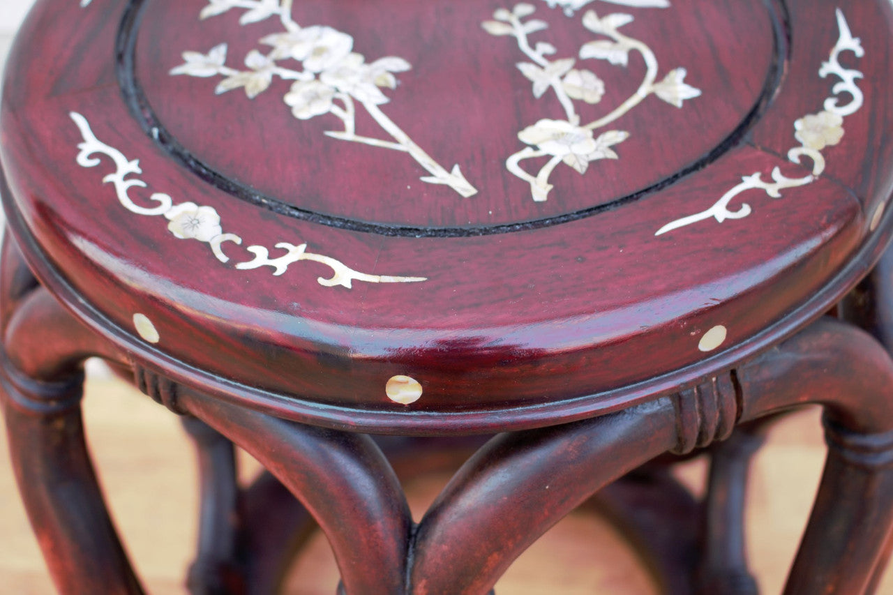 Antique Asian Carved Rosewood with Mother of Pearl Inlay Corner Chairs and Stool - 3 Piece Set