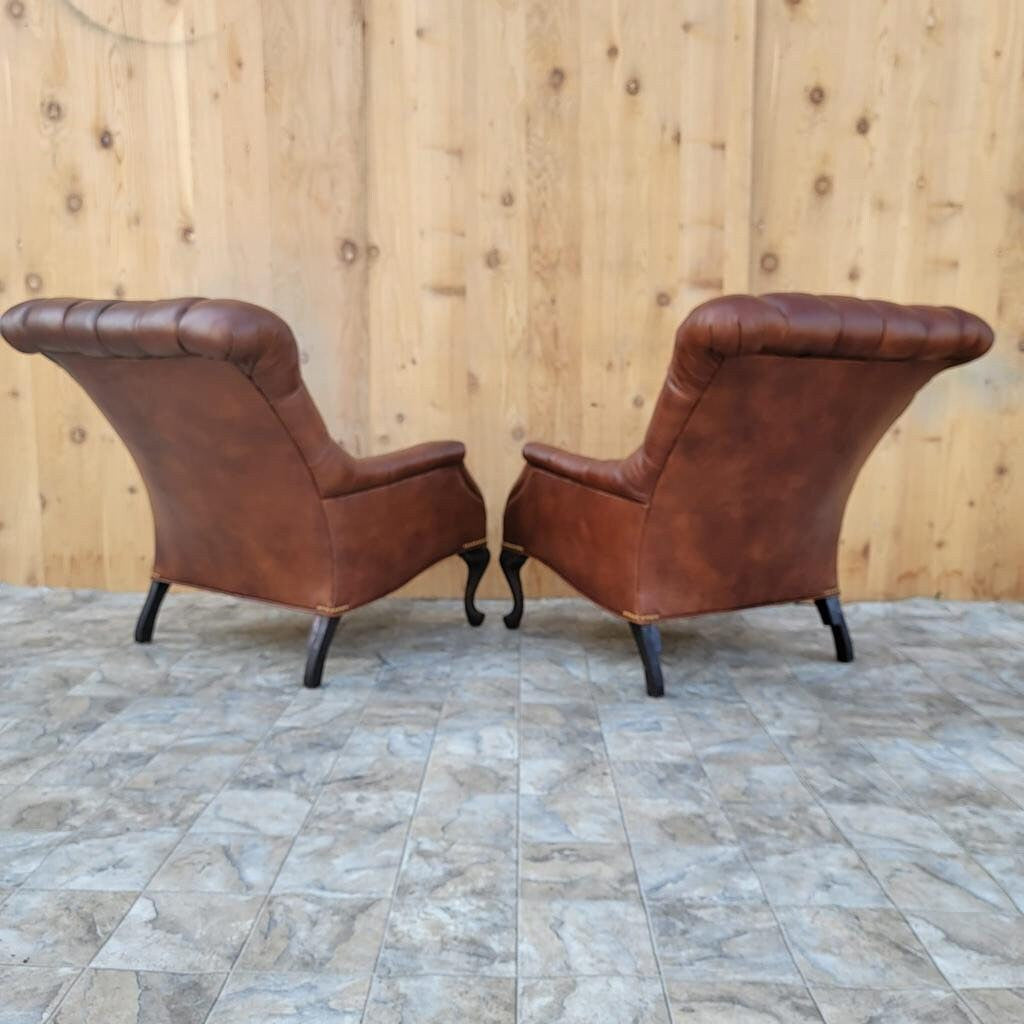 Vintage Regency Style Tufted Sleepy Hollow Fireside Lounge Chairs Newly Upholstered in a High End Whiskey Leather - Pair