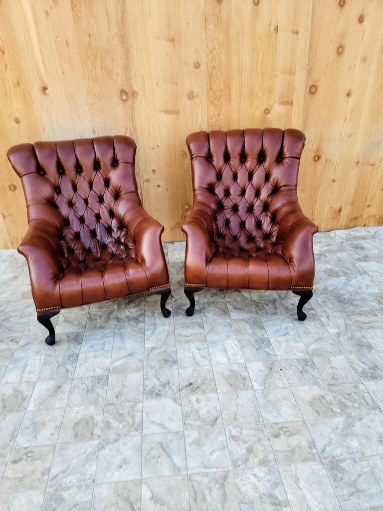 Vintage Regency Style Tufted Sleepy Hollow Fireside Lounge Chairs Newly Upholstered in a High End Whiskey Leather - Pair