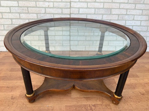 Vintage Empire Collection Round Burl Wood Coffee Table with Beveled Glass by John Widdicomb