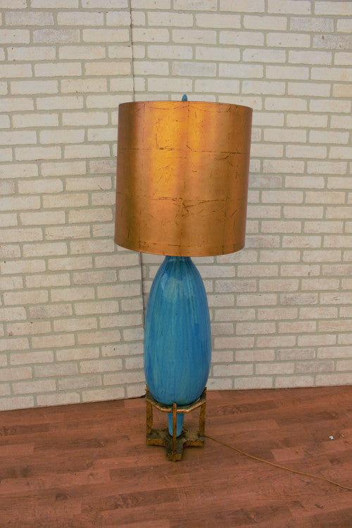 Regency Oversized Turquoise Table Lamp with Large Gold Lamp Shade
