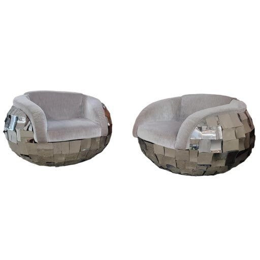 Vintage Brutalist Paul Evans Style Chrome Patchwork Tub Lounge Chairs in a Grey Velvet - Pair