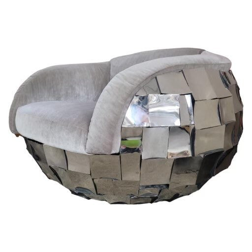 Vintage Brutalist Paul Evans Style Chrome Patchwork Tub Lounge Chairs in a Grey Velvet - Pair