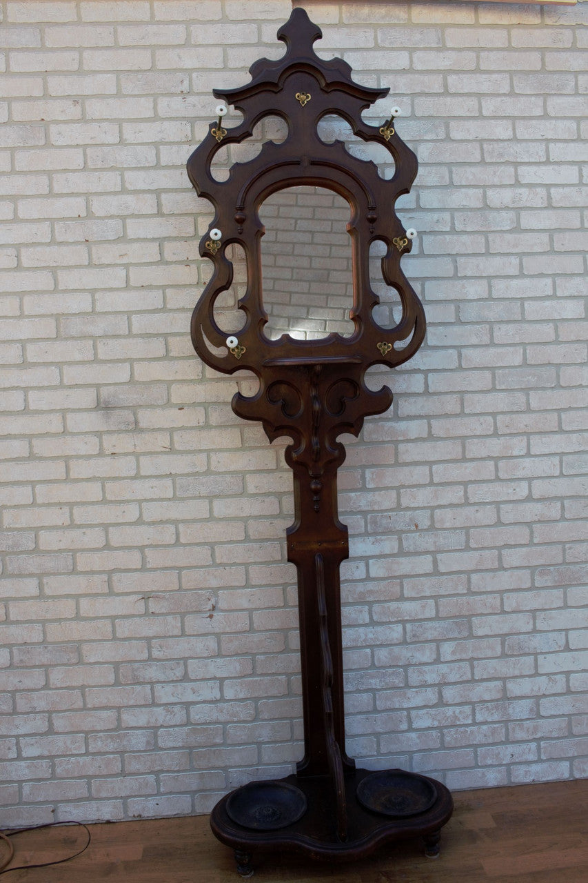 Antique Victorian Hall Tree with Mirror and 2 Umbrella Stands
