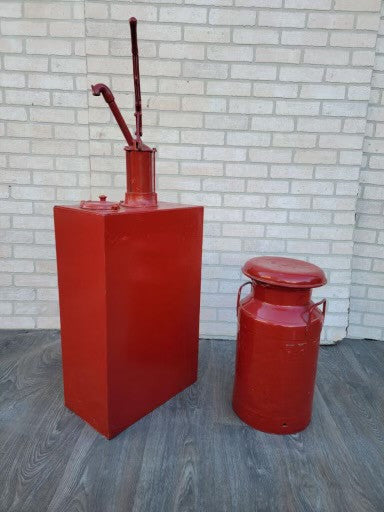Classic American Vintage "Red" Metal Hand-Crank Oil Lubster and Itasca Creamery 10 Gallon Milk Jug - Set of 2